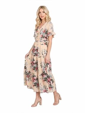 SHEIN Beige Maxi Dress with Pink Rose Floral Print